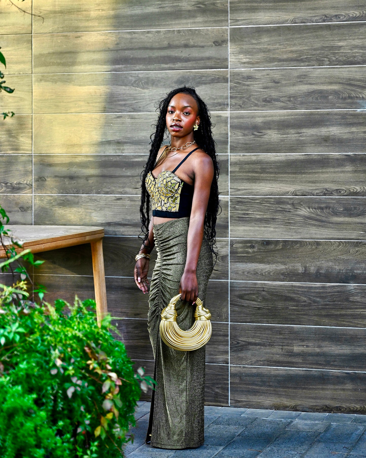 Gold Embellished Bustier + Metallic Ruched Skirt Set