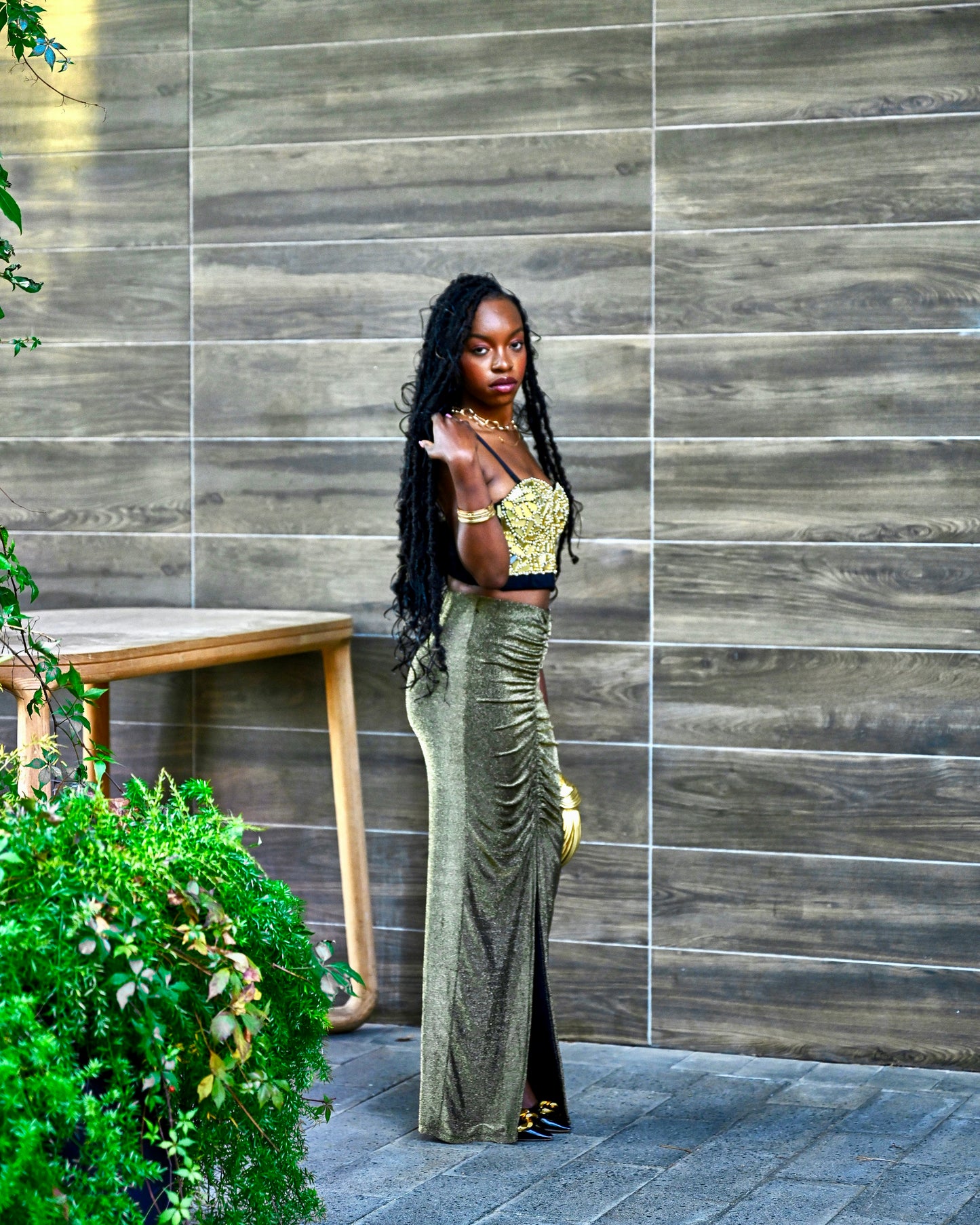 Gold Embellished Bustier + Metallic Ruched Skirt Set