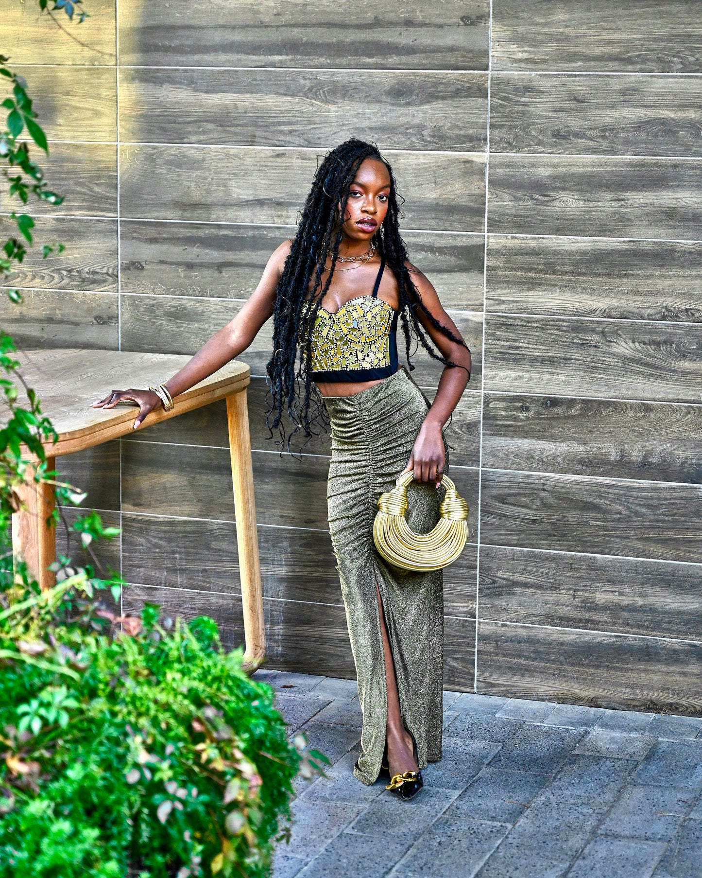 Gold Embellished Bustier + Metallic Ruched Skirt Set