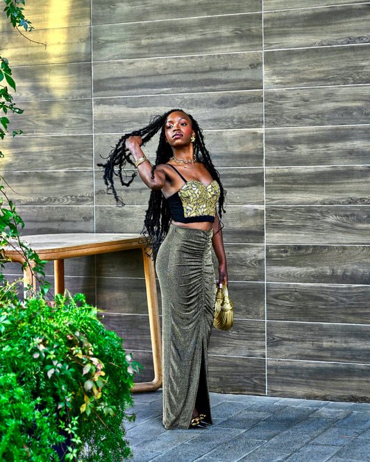 Gold Embellished Bustier + Metallic Ruched Skirt Set
